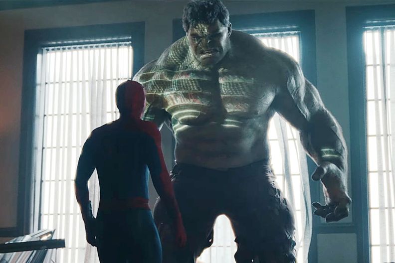 Spider-Man stands facing the Hulk in a brightly lit room with large windows, showcasing their contrasting sizes and expressions.