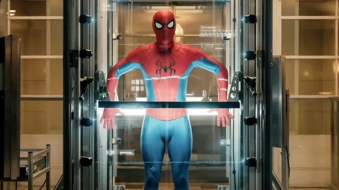 Spider-Man in a futuristic glass display, showcasing his iconic red and blue costume.