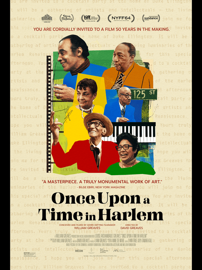 Poster for the film 'Once Upon a Time in Harlem,' featuring a collage of diverse individuals, musical instruments, and the film's title prominently displayed.